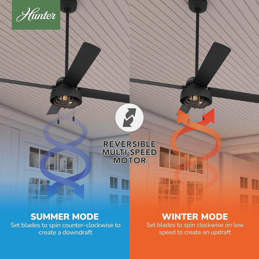 Hunter 52 inch Outdoor or Indoor Ceiling Fan with LED Light and Pull Chain - Black Ceiling Fan, Standard Mount, 4 Blades, For Patio, Porch, Garage, or Living Room - Spring Mill 50336, Matte Black