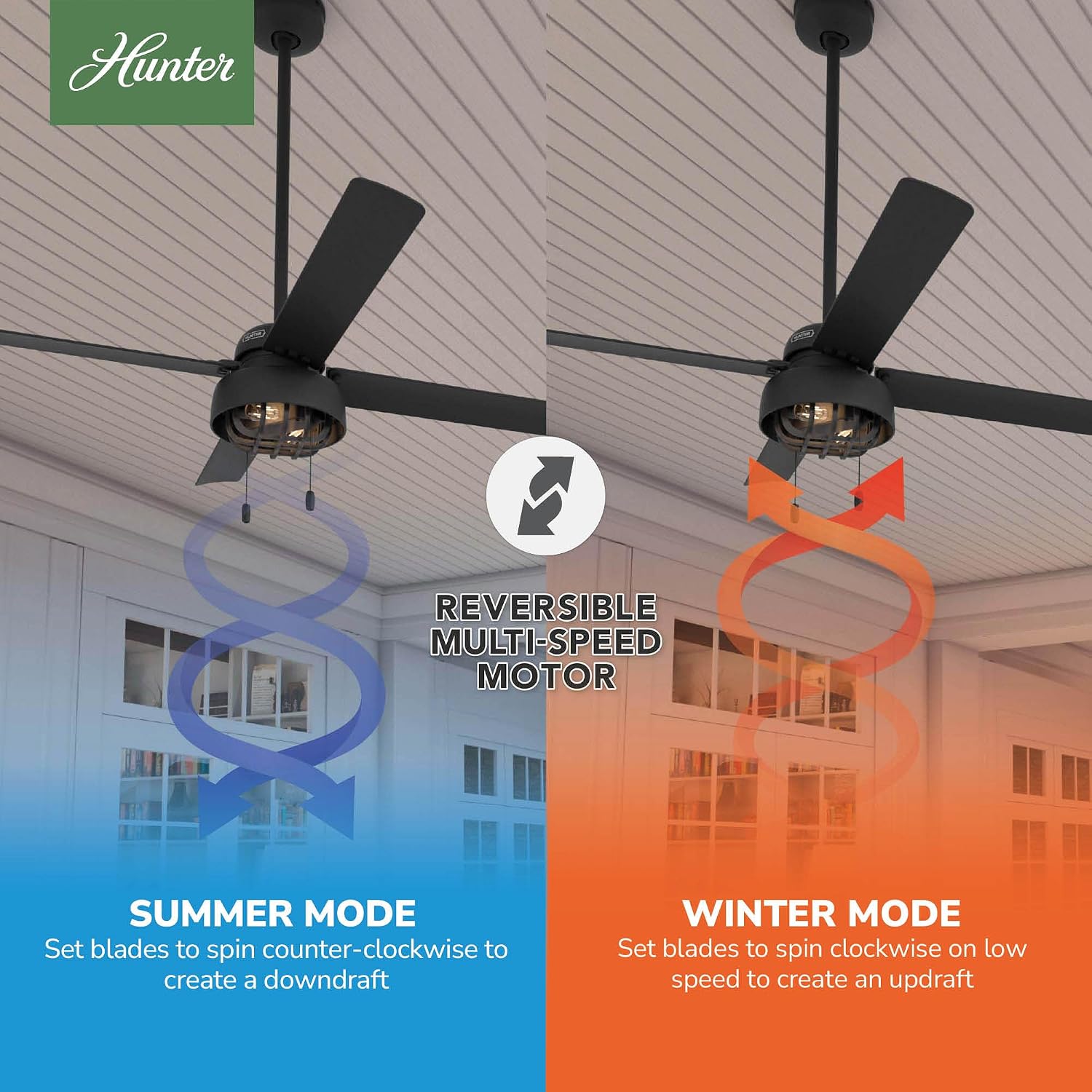 Hunter 52 inch Outdoor or Indoor Ceiling Fan with LED Light and Pull Chain - Black Ceiling Fan, Standard Mount, 4 Blades, For Patio, Porch, Garage, or Living Room - Spring Mill 50336, Matte Black