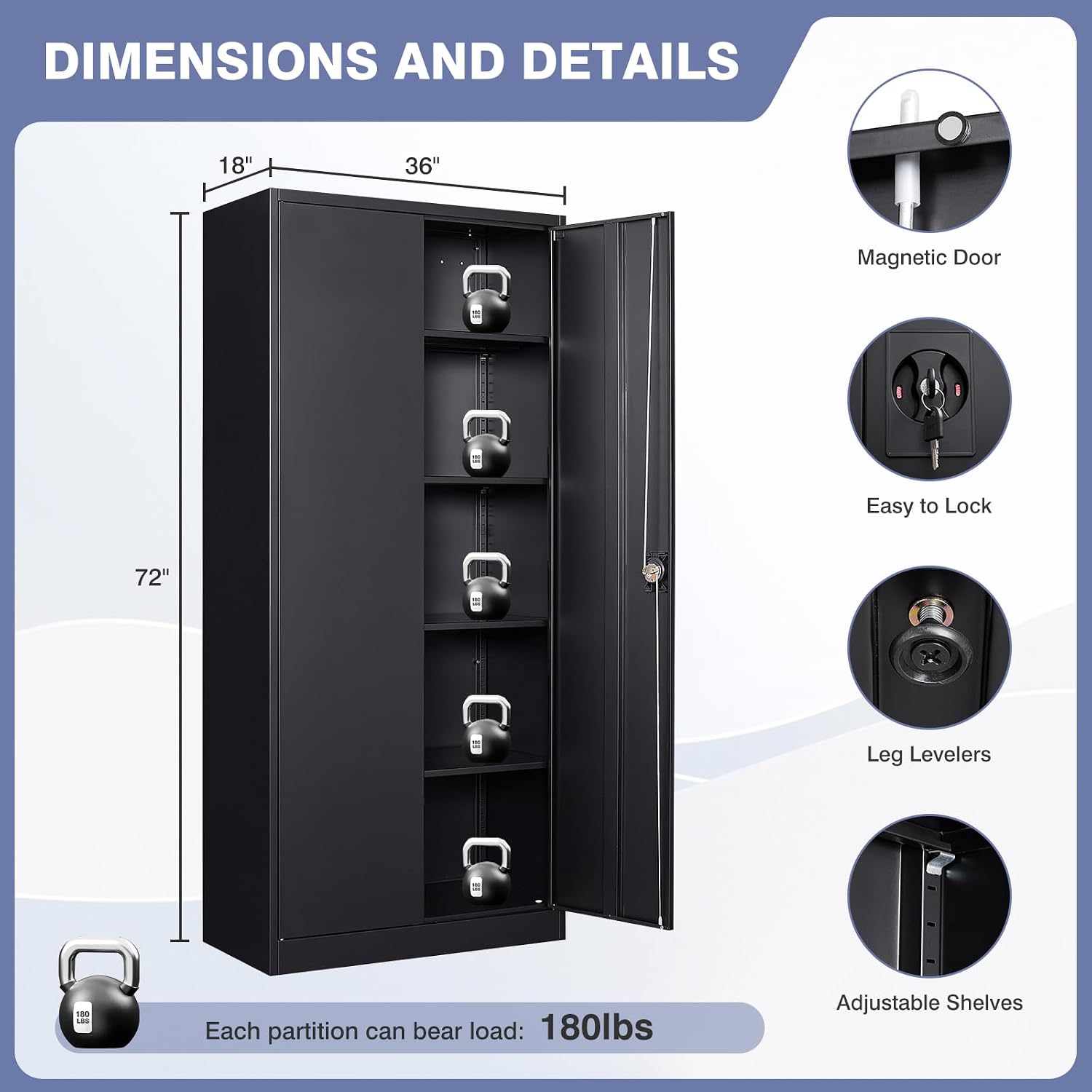 Metal Storage Cabinet with Locking Doors, Tall Cabinets for Home, Office, Warehouse Organizer (Black)