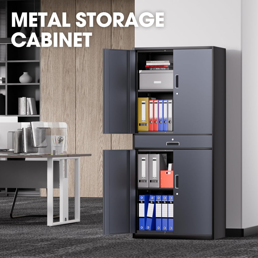 DNA Motoring 71'' Metal Storage Cabinet, Locking Tool Cabinet with 1 Drawer and Adjustable Shelves, Lockable Heavy Duty Metal Locker for Garage,Office,Home,Gym, Gray Black, TOOLS-00629-GY-BK-A