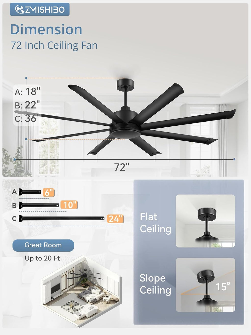 ZMISHIBO 72 Inch Large Ceiling Fan No Light, 8 Aluminum Blades, 6-Speed Remote Control, Industrial Ceiling Fan without Light, Quiet DC Motor, Indoor/Outdoor Ceiling Fans for Patio, Garage, Shop