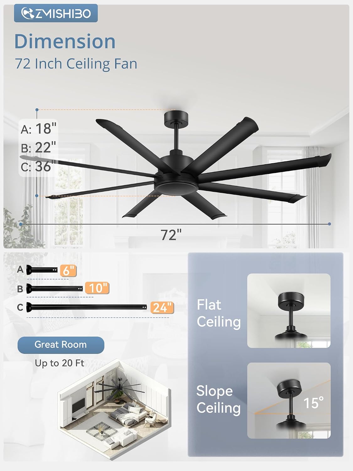 ZMISHIBO 72 Inch Large Ceiling Fan No Light, 8 Aluminum Blades, 6-Speed Remote Control, Industrial Ceiling Fan without Light, Quiet DC Motor, Indoor/Outdoor Ceiling Fans for Patio, Garage, Shop