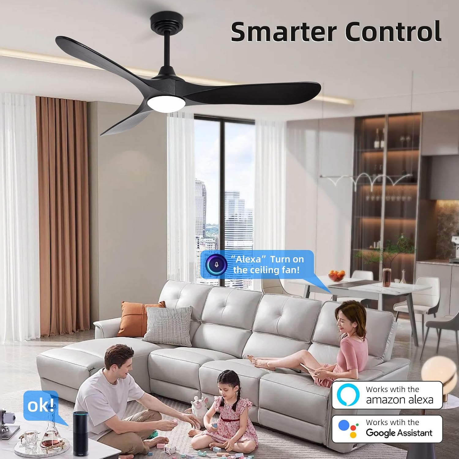 52' Outdoor Ceiling Fan with Light and Remote via WiFi Alexa, 3 Black Solid Wood Blade, Noiseless Reversible Dc Motor, Smart Outdoor Wood Ceiling Fan for Farmhouse Patios, Black