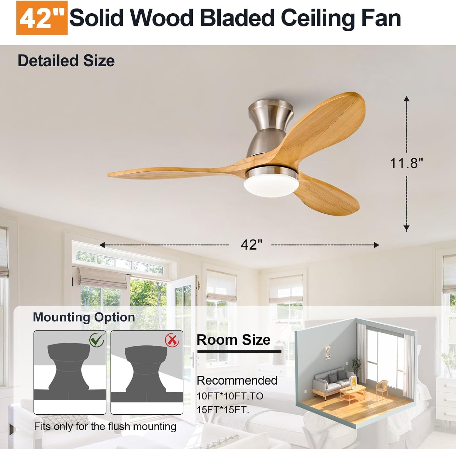42 Inch Flush Mount Ceiling Fans with Lights and Remote, Dimmable 3 Blade Wood Bedroom Ceiling Fan with Lights Low Profile Ceiling Fan with Light Brushed Nickel Outdoor Ceiling Fans for Patios