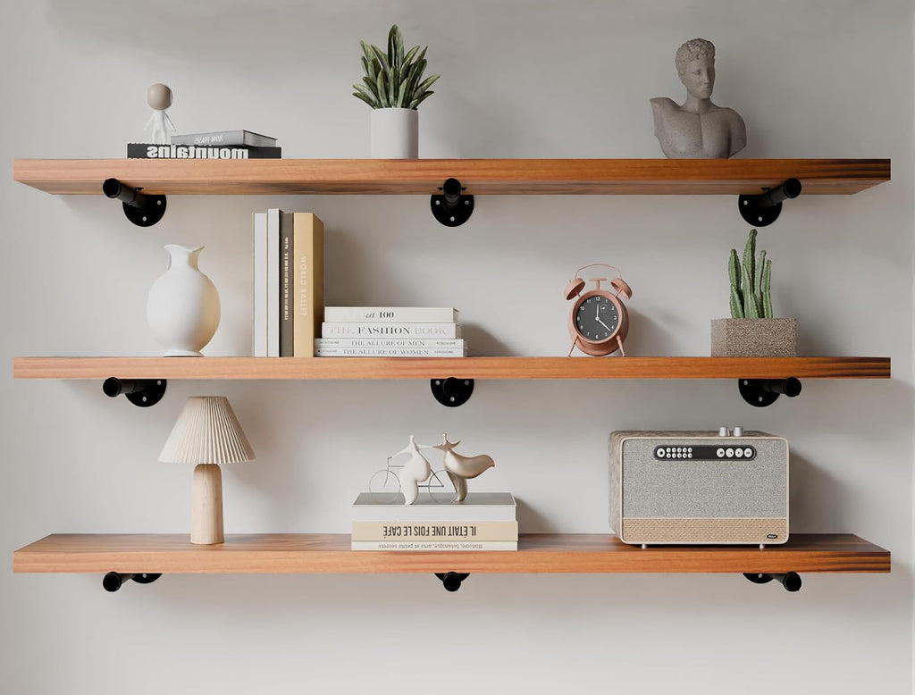 HDDFER Industrial Pipe Wall Wood Shelves,Real Wooden Shelves 48' in Special Brown Color with 1.2' Extra Thickness, Modern Floating Shevles Bookshelf Shelving Units for Rustic Farmhouse Decor