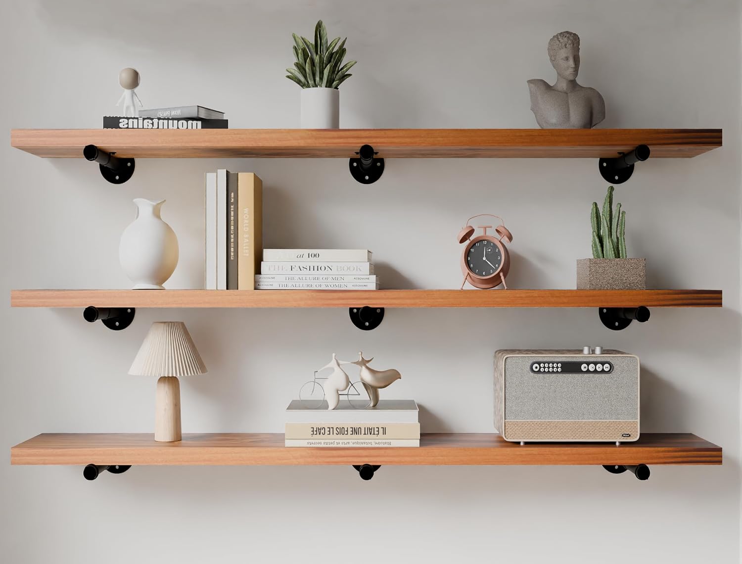 HDDFER Industrial Pipe Wall Wood Shelves,Real Wooden Shelves 48' in Special Brown Color with 1.2' Extra Thickness, Modern Floating Shevles Bookshelf Shelving Units for Rustic Farmhouse Decor