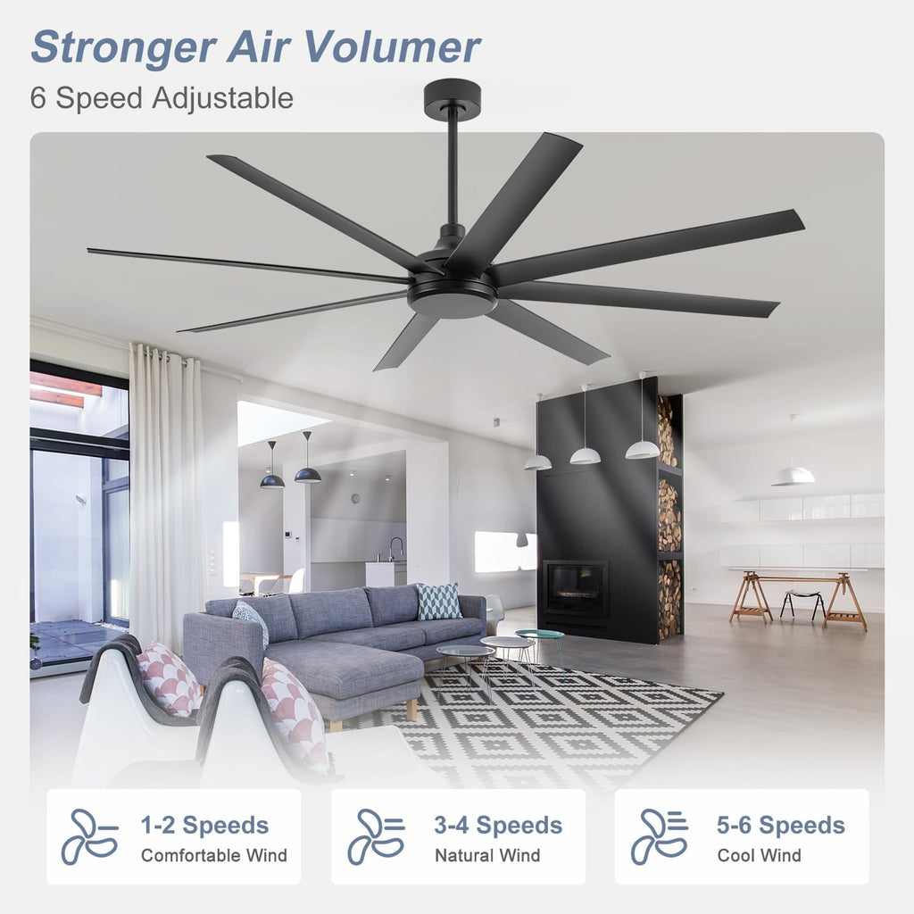 65 Inch Ceiling Fan No Light, Modern Ceiling Fan with Remote Control, Quite DC Motor 8 Reversible Blades Indoor Outdoor Industrial Ceiling Fan without Light For Living Room Bedroom Patio Garage-Black