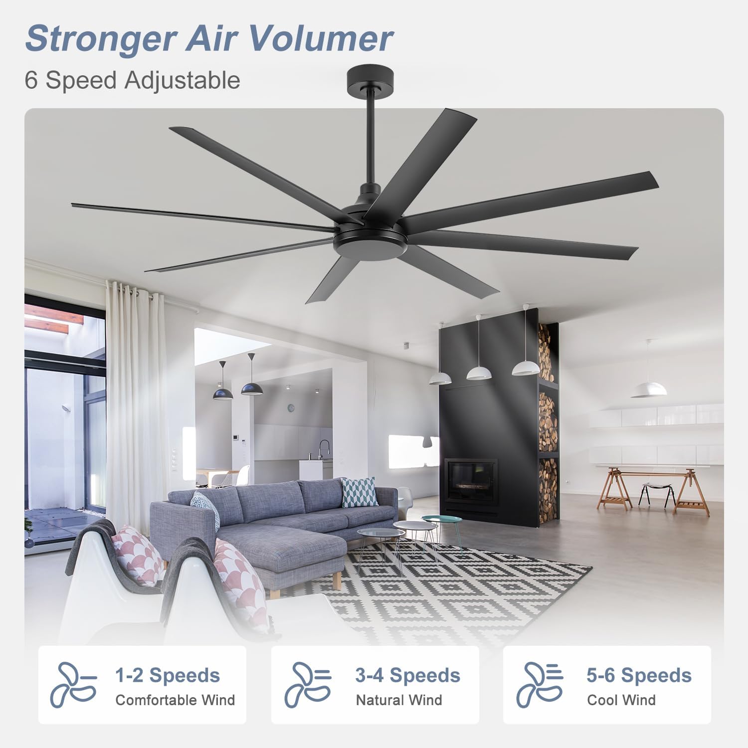 65 Inch Ceiling Fan No Light, Modern Ceiling Fan with Remote Control, Quite DC Motor 8 Reversible Blades Indoor Outdoor Industrial Ceiling Fan without Light For Living Room Bedroom Patio Garage-Black