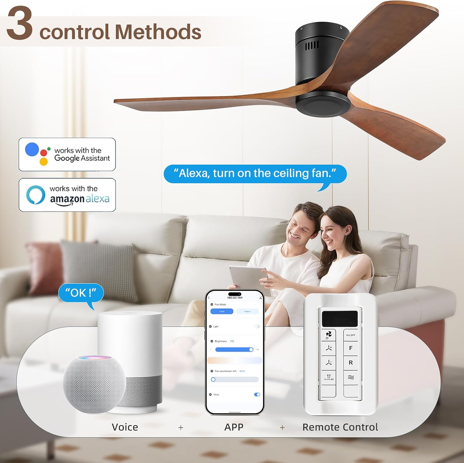 CACI Mall 52 Inch Smart Ceiling Fan without Light, Flush Mount, 3 Blades Solid Wood, Low Profile, Modern, Outdoor/Indoor Ceiling Fans No Light for Bedroom/Farmhouse/Patio