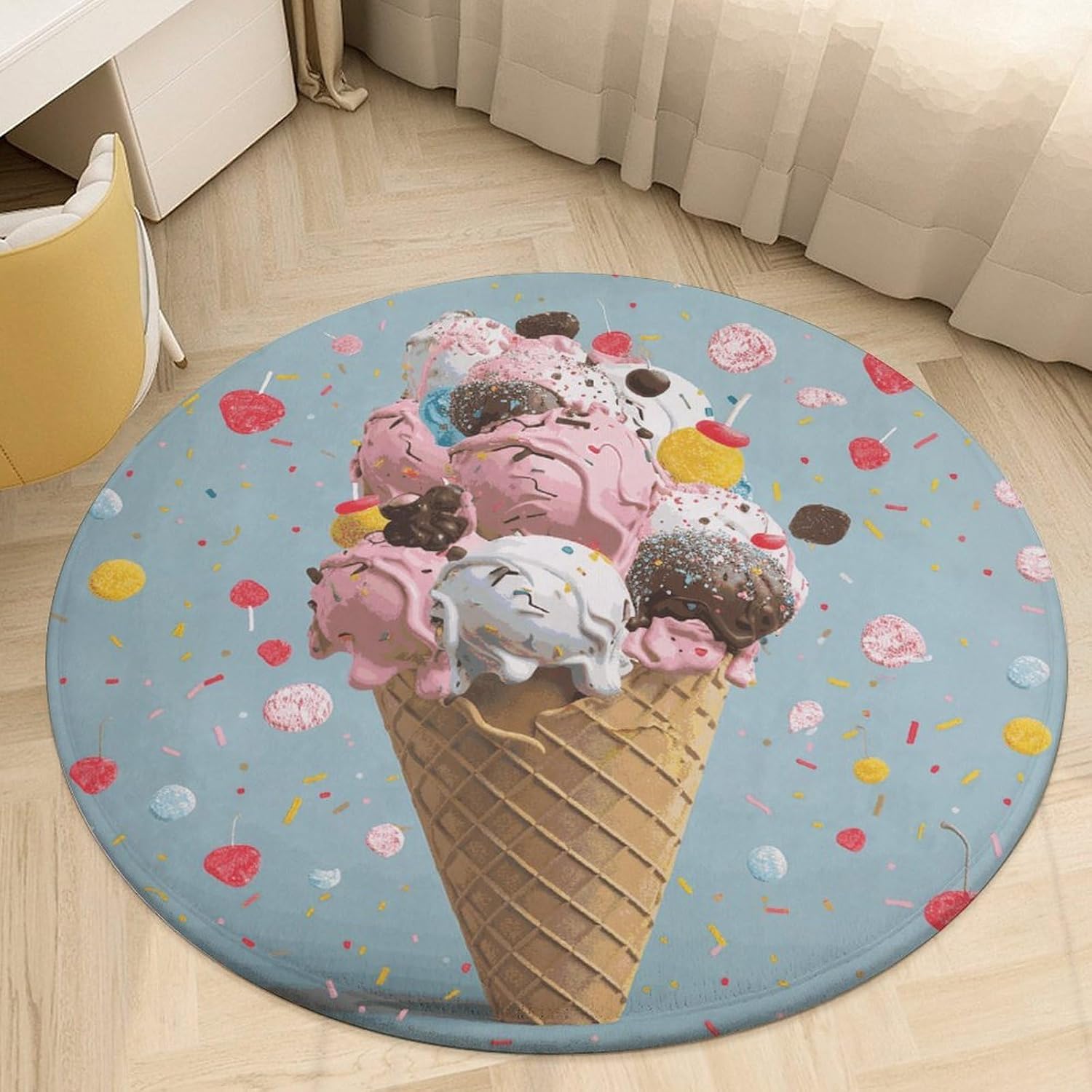 Sweet Ice Cream Coral Velvet Round Floor Mat Non-Slip Bath Rug Floor Covering for Bathroom Vanity Guest Suite & Vacation Home