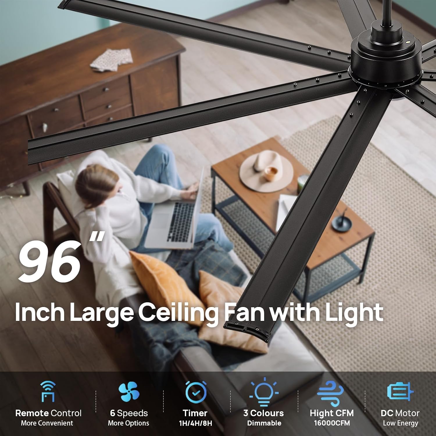 Minislak 96 Inch Industrial Ceiling Fans with Light,Black HVLS Ceiling Fan with 6 Speeds Reversible Motor,High CFM Indoor/Outdoor Ceiling Fan with 7 Aluminum Blades for Barn shop,Commercial