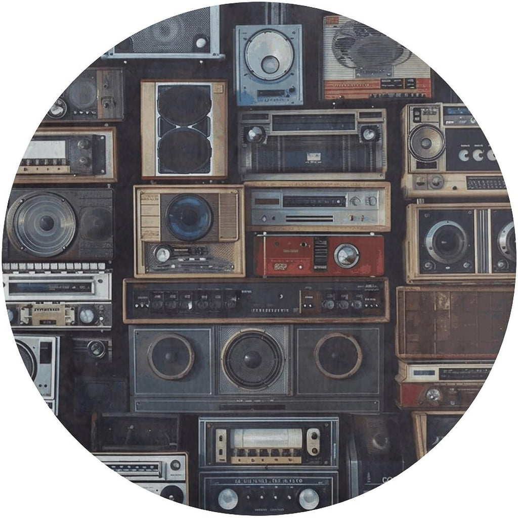 Vintage Wall of Radio Boombox Coral Velvet Round Floor Mat Non-Slip Bath Rug Floor Covering for Bathroom Vanity Guest Suite & Vacation Home