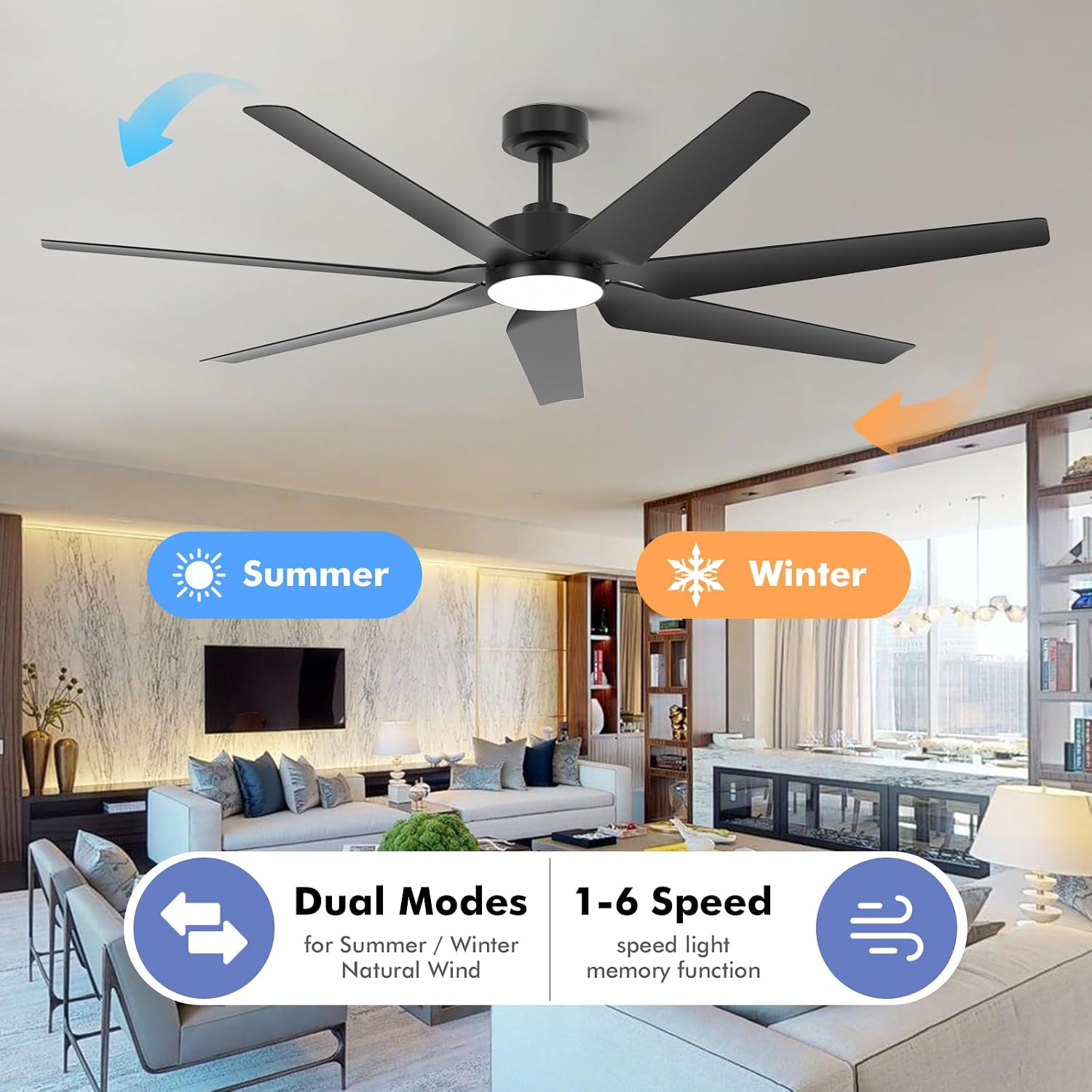 65 Inch All-Weather Outdoor Ceiling Fan with Light and Remote wet-rated, High CFM, Smart Alexa/App Control Energy Efficient & Quiet DC Motor, 7 Large Black Waterproof Blade for Patio, Porch, Garage