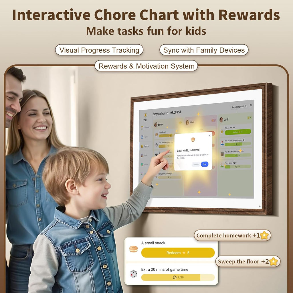 21.5 Inch Digital Calendar Chore Chart with Touchscreen - Full HD Interactive Display, Wall & Desk Mountable Family Planner, to-Do List & Meal Planner, Digital Picture Frame Gifts for Women Mom