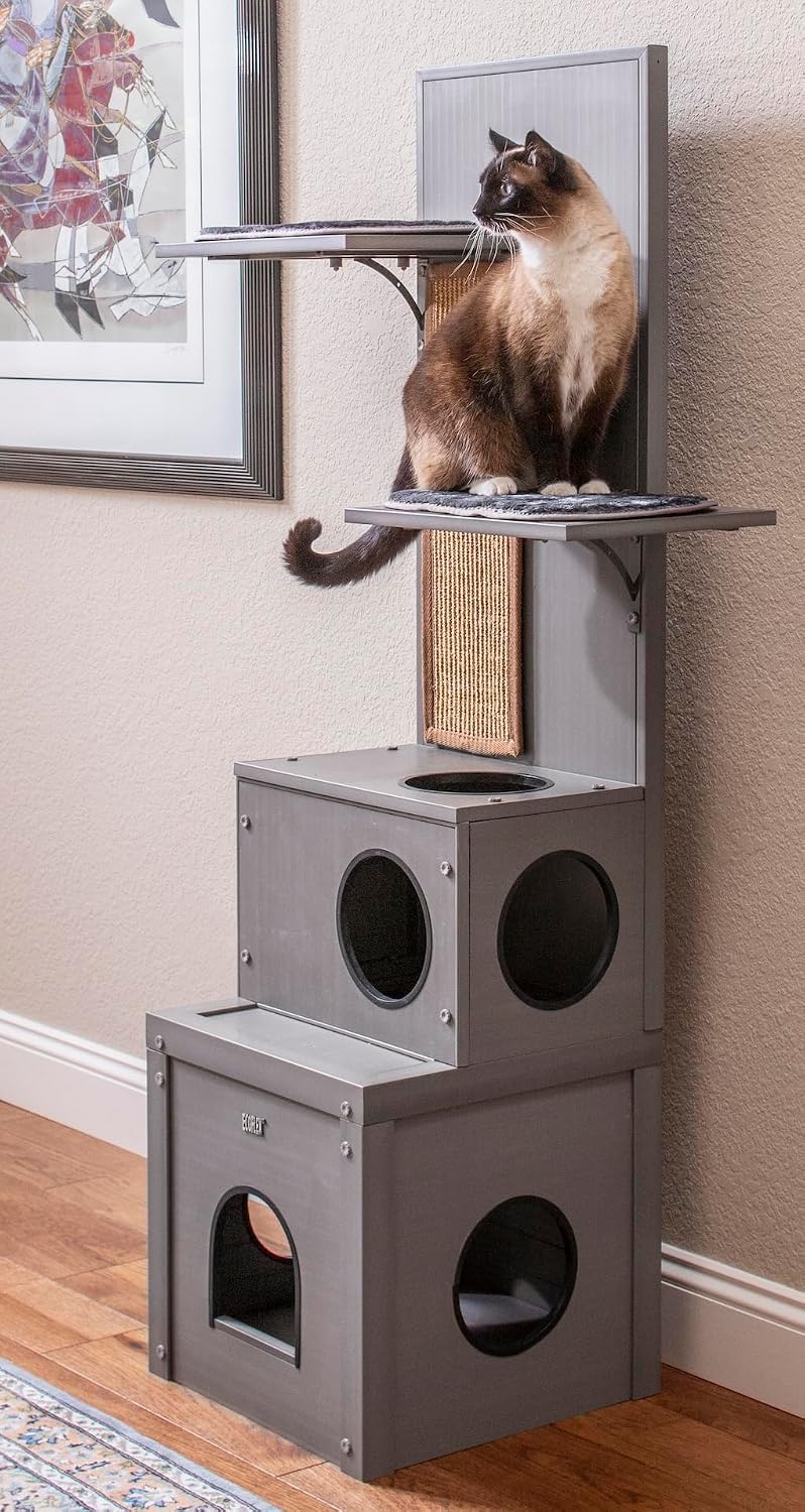 New Age Pet ECOFLEX Kitty Climber Cat Tree with 2 Cubes, 2 Shelves, Sisal Scratch Pad, 60' Tall, Moisture and Odor Resistant Indoor Cat Furniture, Grey