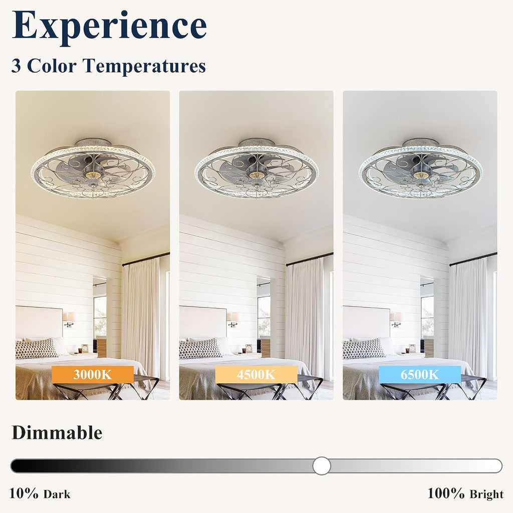 NORFOLK Low Profile Ceiling Fans with Lights and Remote, 20'' Flush Mount Lighting Fan, Smart Bladeless Caged Fandelier, 3 Colors Dimmable LED and 6 Speeds