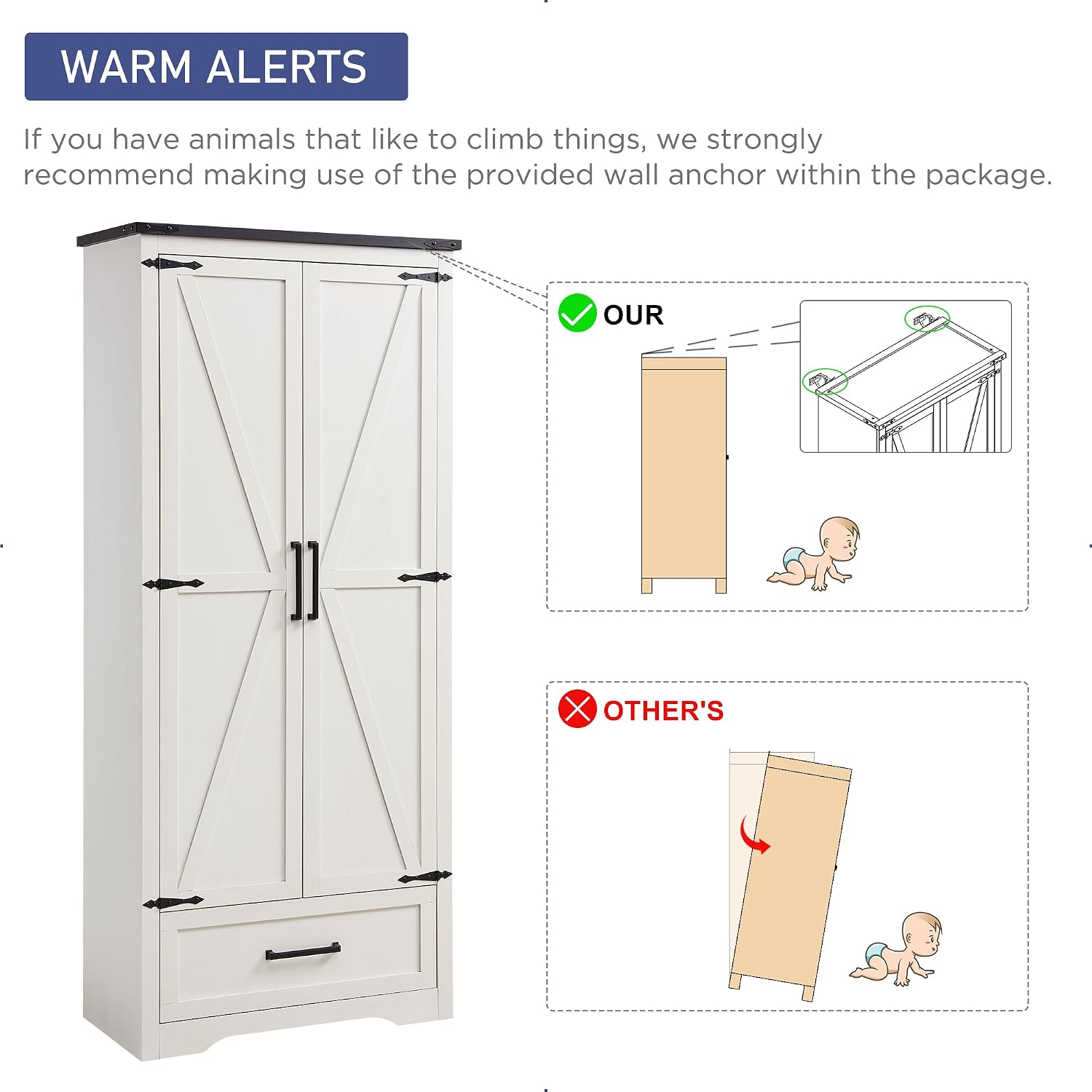 JXQTLINGMU Farmhouse Kitchen Pantry Cabinet - 72' Tall Wood Kitchen Storage Cabinets with Adjustable Shelves & 2 Barn Style Doors & Drawer, Versatile Storage for Dining Room, Bathroom, Antique White