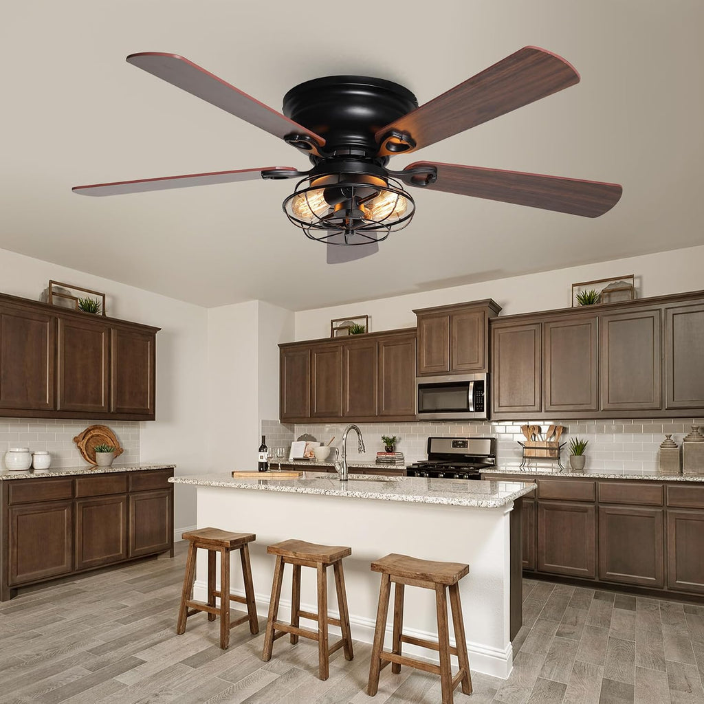 48' Farmhouse Low Profile Ceiling Fan with Light & Remote, Outdoor Flush Mount Ceiling Fans for Bedroom Living Room, 5-Blades 3-Speed Quiet Reversible Motor, Timer Function