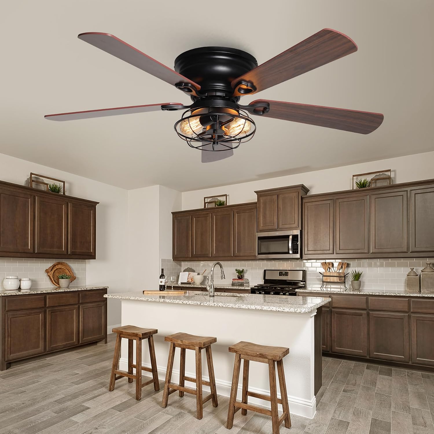 48' Farmhouse Low Profile Ceiling Fan with Light & Remote, Outdoor Flush Mount Ceiling Fans for Bedroom Living Room, 5-Blades 3-Speed Quiet Reversible Motor, Timer Function