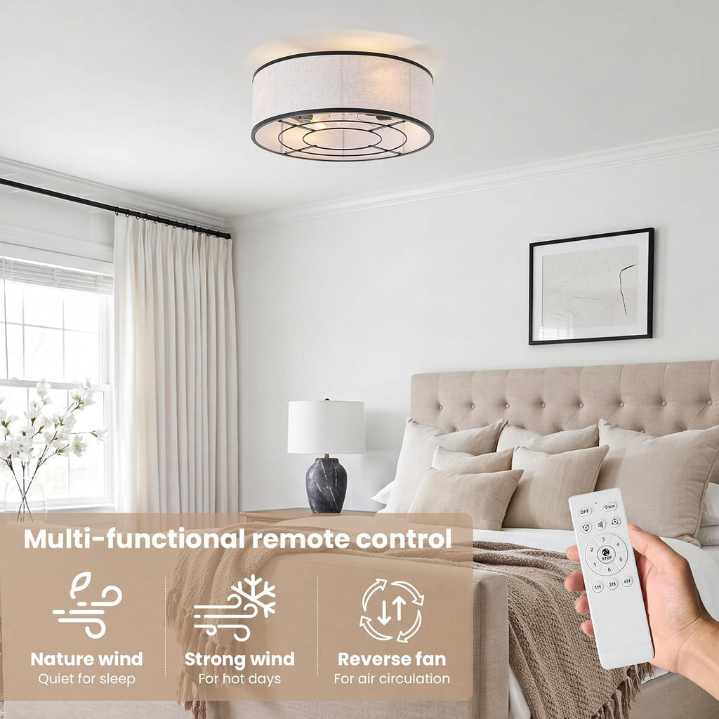 20 Inch Boho Ceiling Fan with Light, Low Profile Flush Mount Caged Ceiling Fan, Bladeless Black Drum Chandelier with Remote, 6 Speed Reversible DC Motor for Bedroom Living Room, Nursery