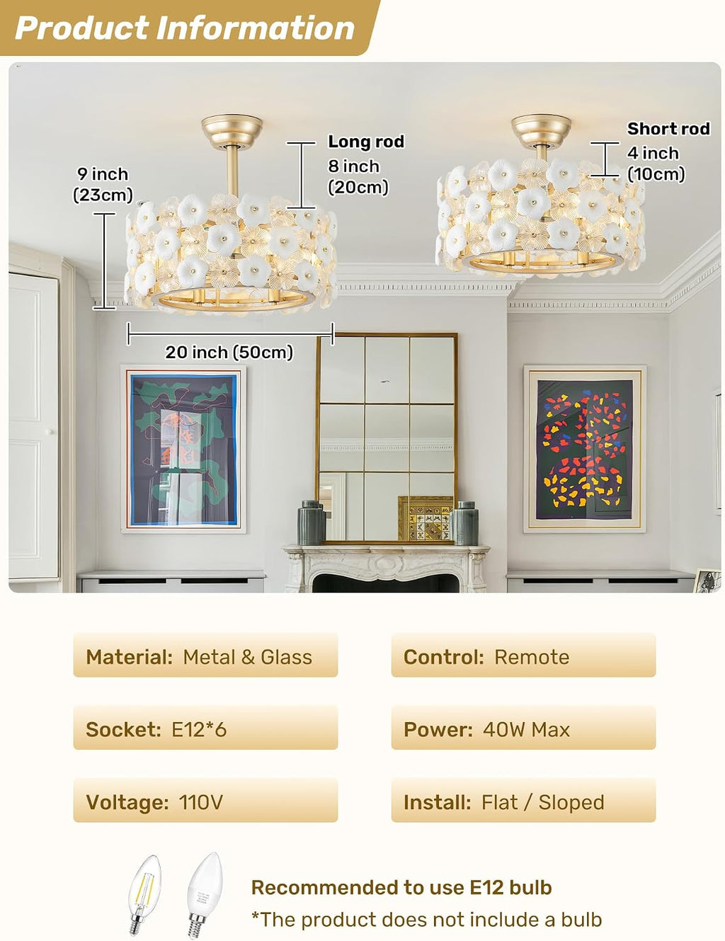 20' Gold Flower Crystal Fandelier Ceiling Fan with Light, Gold Crystal Chandelier Ceiling Fans Remote Control, Caged 6 Speeds for Bedroom, Living Room, Nursery