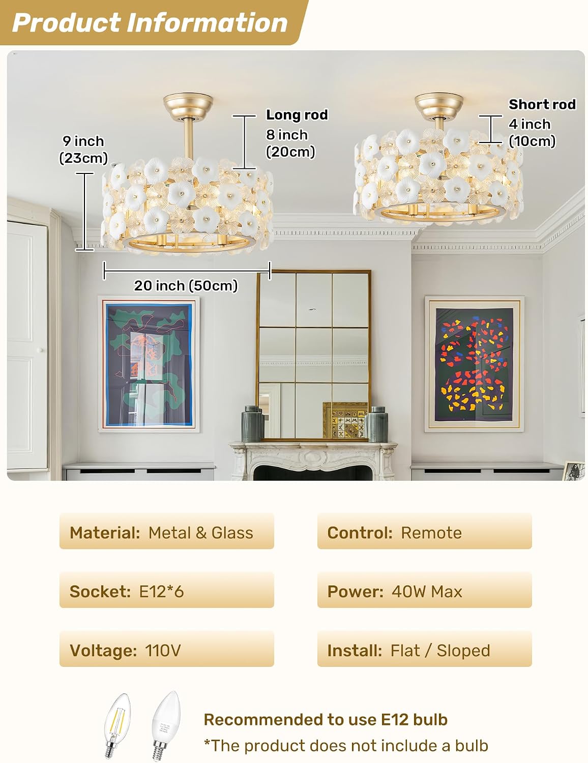 20' Gold Flower Crystal Fandelier Ceiling Fan with Light, Gold Crystal Chandelier Ceiling Fans Remote Control, Caged 6 Speeds for Bedroom, Living Room, Nursery