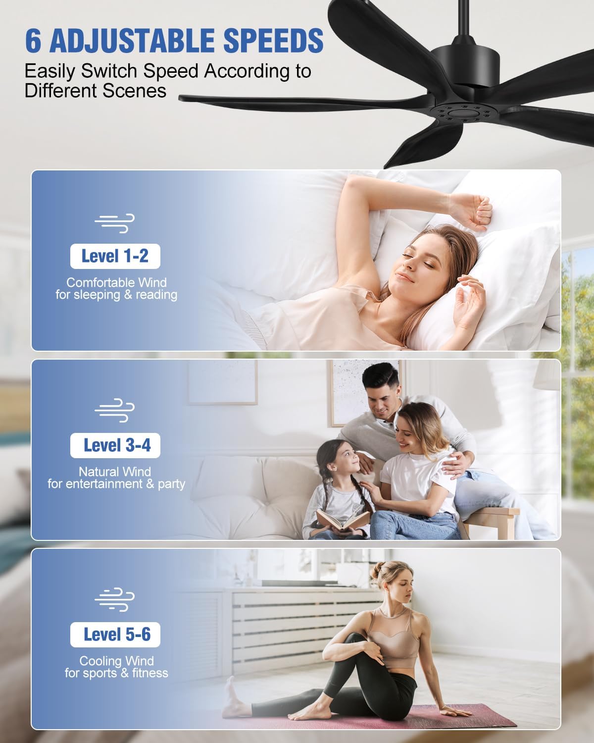 Yahada 52 Inch Ceiling Fan No Light with Remote, USA Original Patent Outdoor Ceiling Fans without Lights, 5 Wood Blades, 3 Downrods, Timer, 6 Speeds ETL DC Motor Ceiling Fans for Patios Bedroom, Black