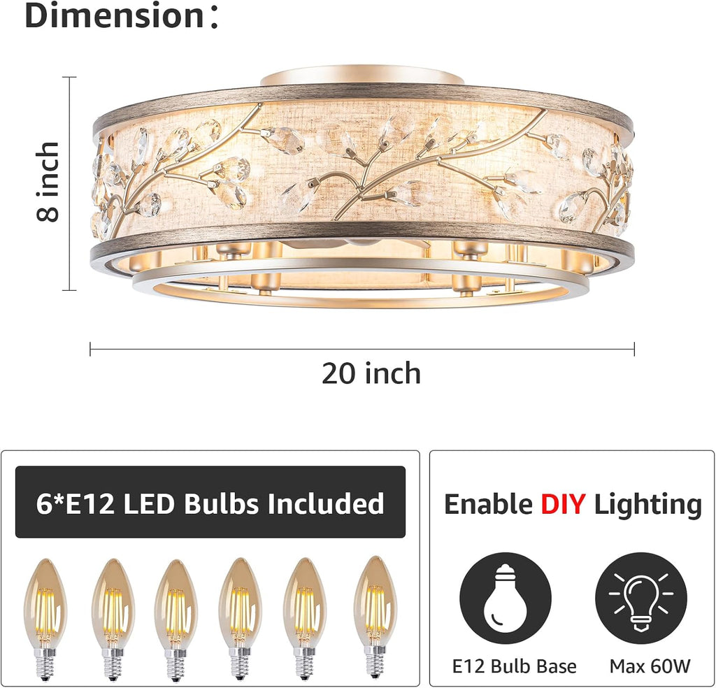 WWM 20 Inch Low Profile Caged Fandelier Ceiling Fan with Light – Farmhouse Style, DC Motor Fixes Flickering, Reversible Motor, Remote Control, Quiet & Energy-Efficient, 6 E12 LED Bulbs Included