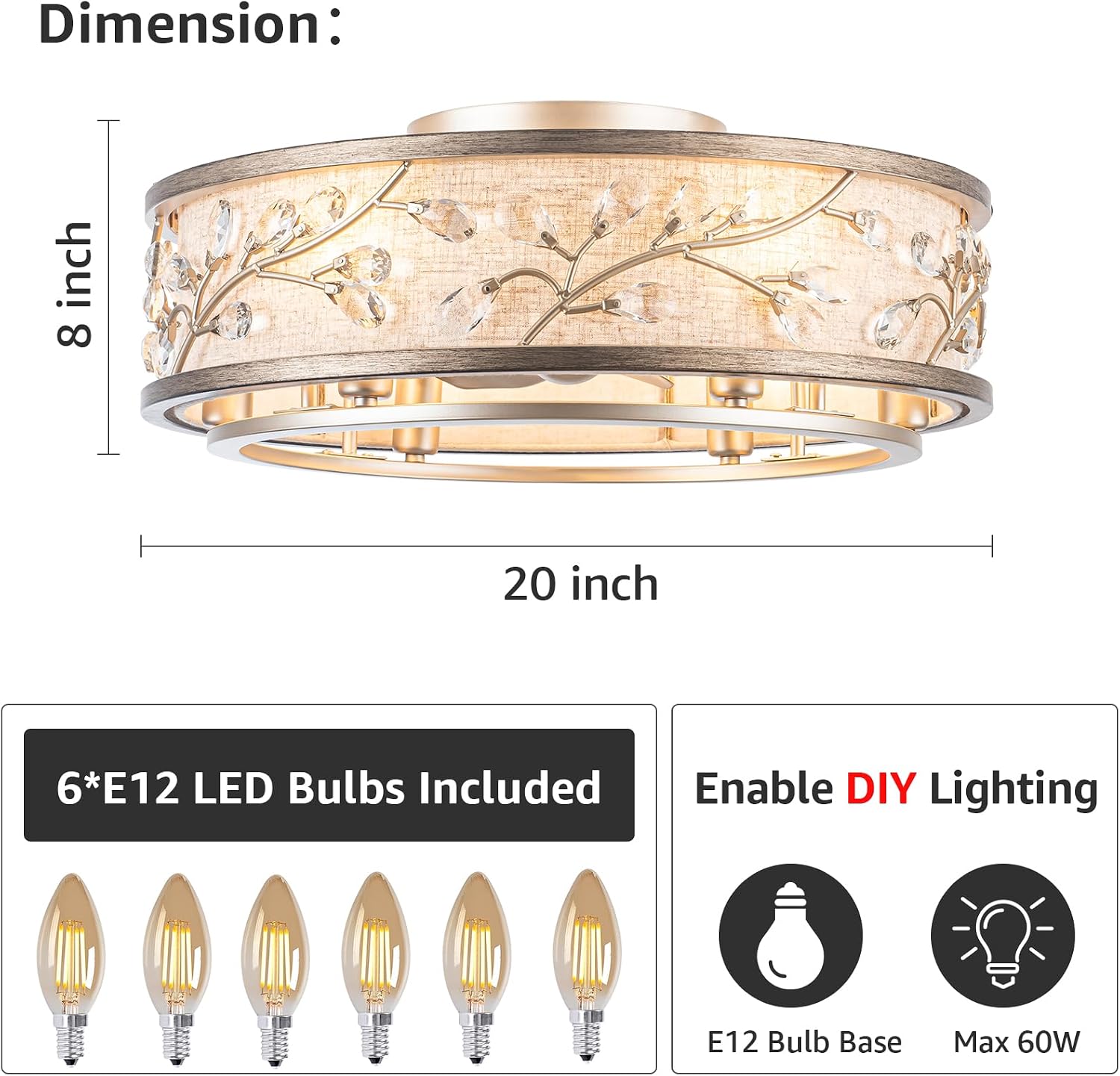 WWM 20 Inch Low Profile Caged Fandelier Ceiling Fan with Light – Farmhouse Style, DC Motor Fixes Flickering, Reversible Motor, Remote Control, Quiet & Energy-Efficient, 6 E12 LED Bulbs Included