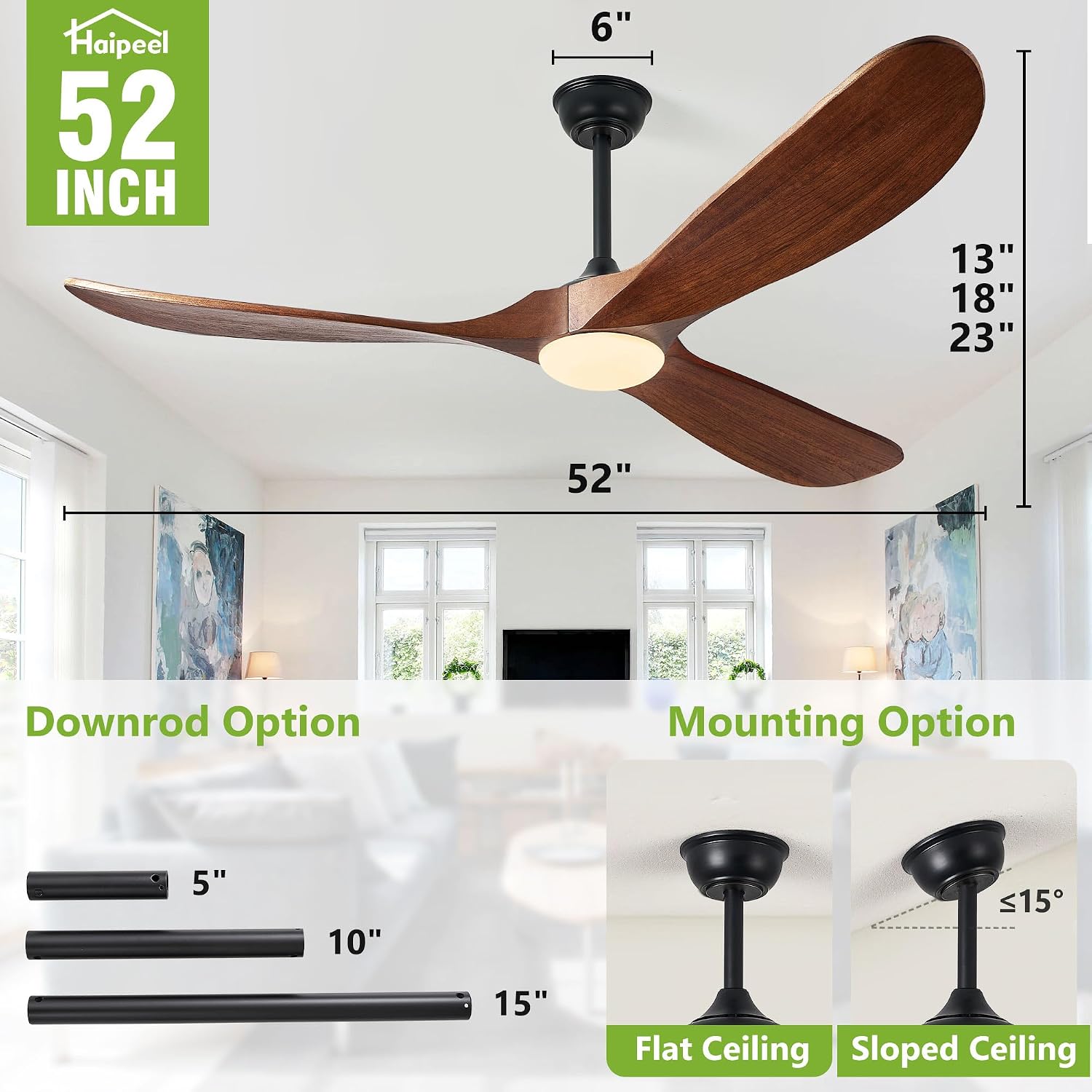 52 Inch Ceiling Fans with Lights and Remote Control, Outdoor Ceiling Fan with Light Solid Wood 3 Blade Propeller Ceiling Fan, Quiet High CFM Damp Rated Outdoor Fan for Patios Farmhouse, Dark Walnut