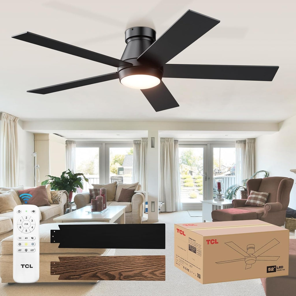 TCL 52' Ceiling Fan with Lights, Black Flush Mount Ceiling Fans with Remote Control, 6 Speeds DC Reversible, Dimmable, Noiseless, Low Profile Ceiling Fans for Bedroom