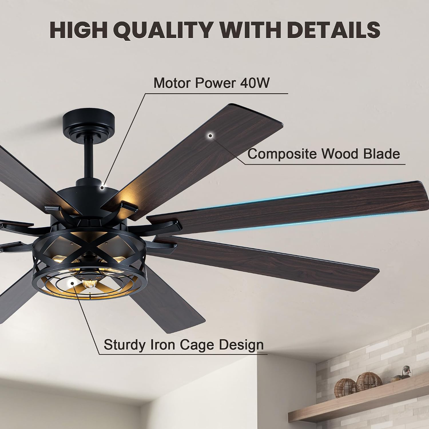 Dawn Whisper Black Ceiling Fans with Lights 72 Inch Farmhouse Ceiling Fan with Remote Quiet Reversible DC Motor 6 Speeds 8 Blades Large Industrial Chandelier Fan for Living Room Bedroom