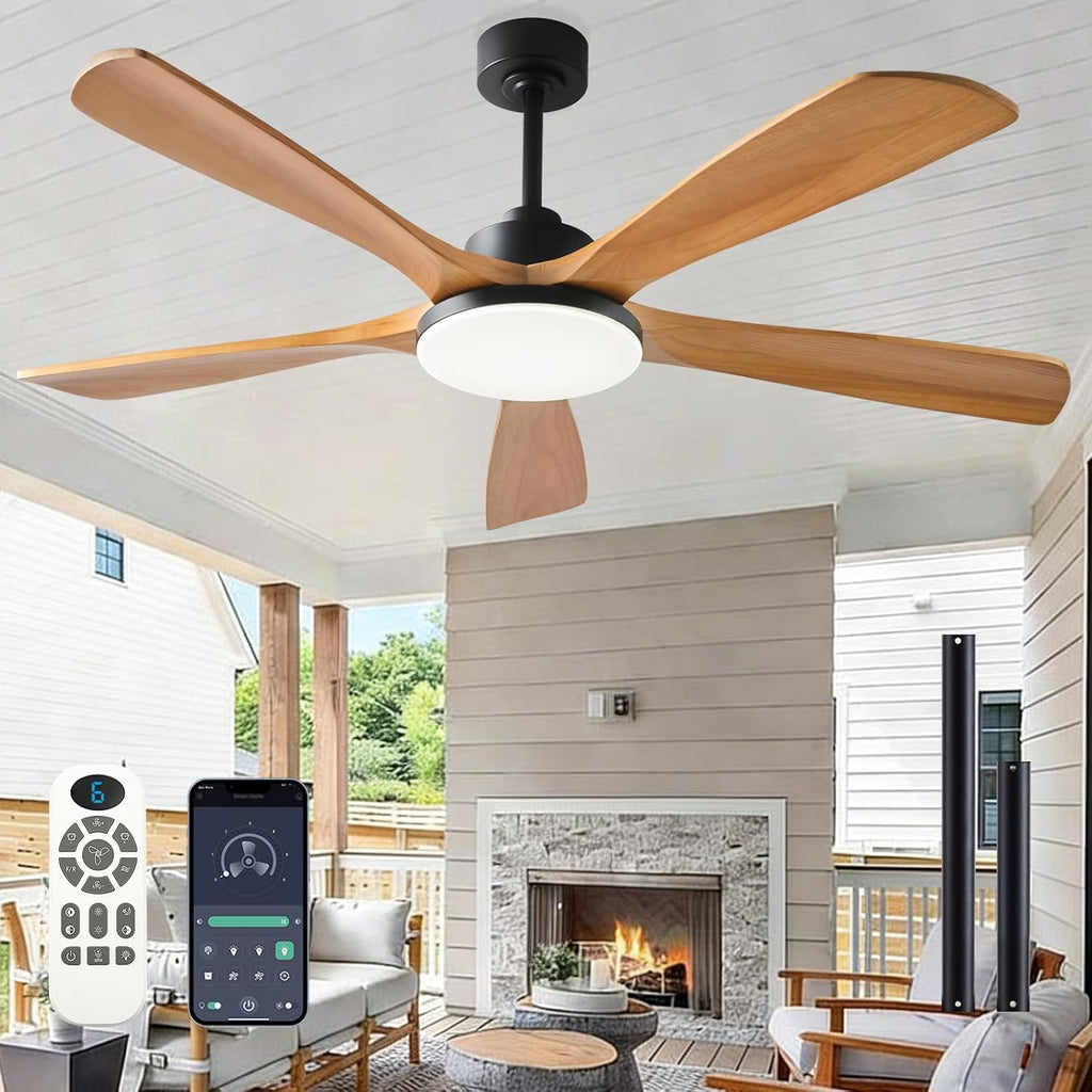 NKPU Ceiling Fans with Lights and Remote Control, 5 Solid Wood Blades, 3CCT Dimmable, 56 Inch Modern Outdoor Ceiling Fans for Bedroom Farmhouse Patios, Quiet DC Motor