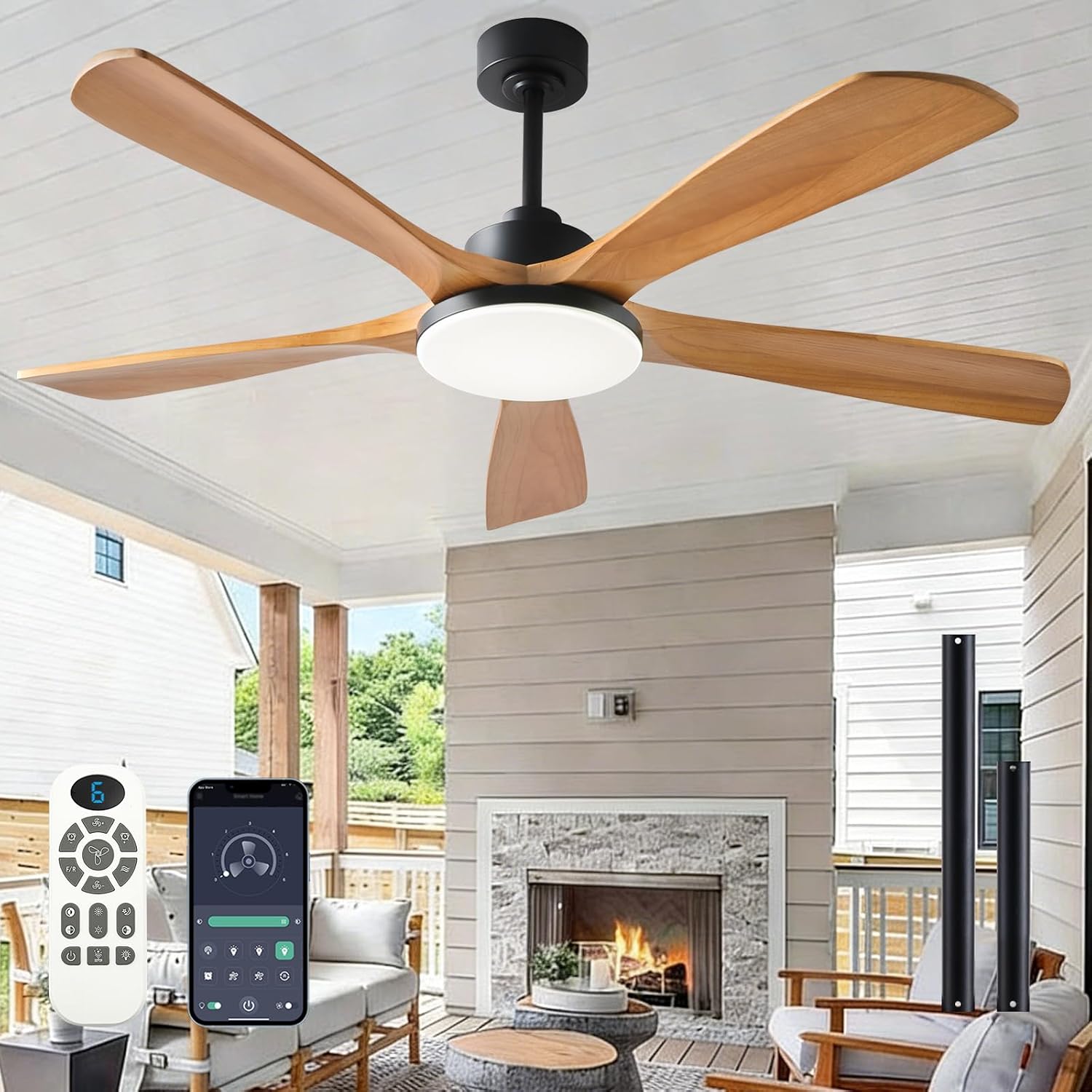 NKPU Ceiling Fans with Lights and Remote Control, 5 Solid Wood Blades, 3CCT Dimmable, 56 Inch Modern Outdoor Ceiling Fans for Bedroom Farmhouse Patios, Quiet DC Motor