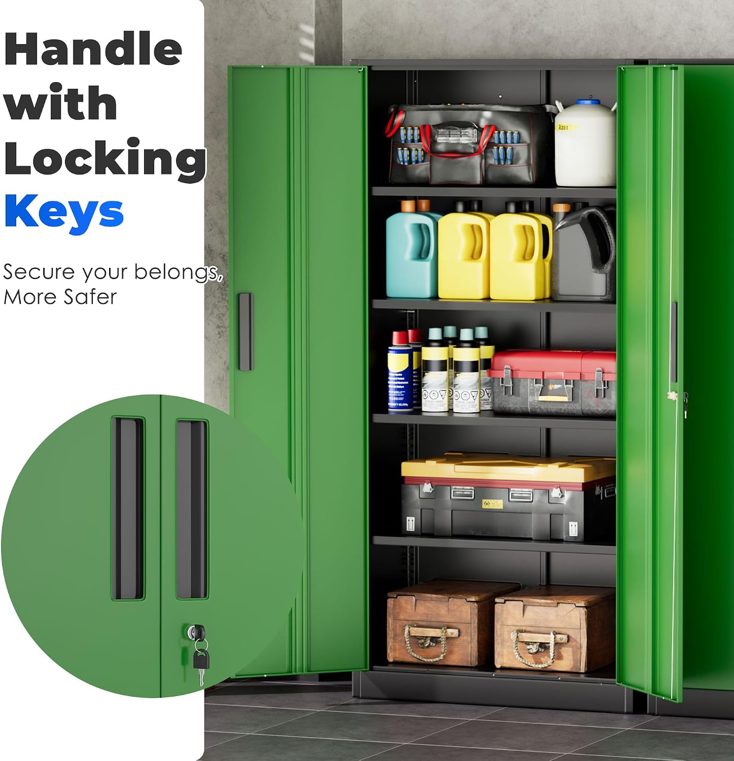 INTERGREAT Storage Cabinet with Doors and Shelves, Metal Garage Storage Cabinets with Lock, Black Lockable Steel Supply Cabinet for Home Office, Warehouse (Black Green)