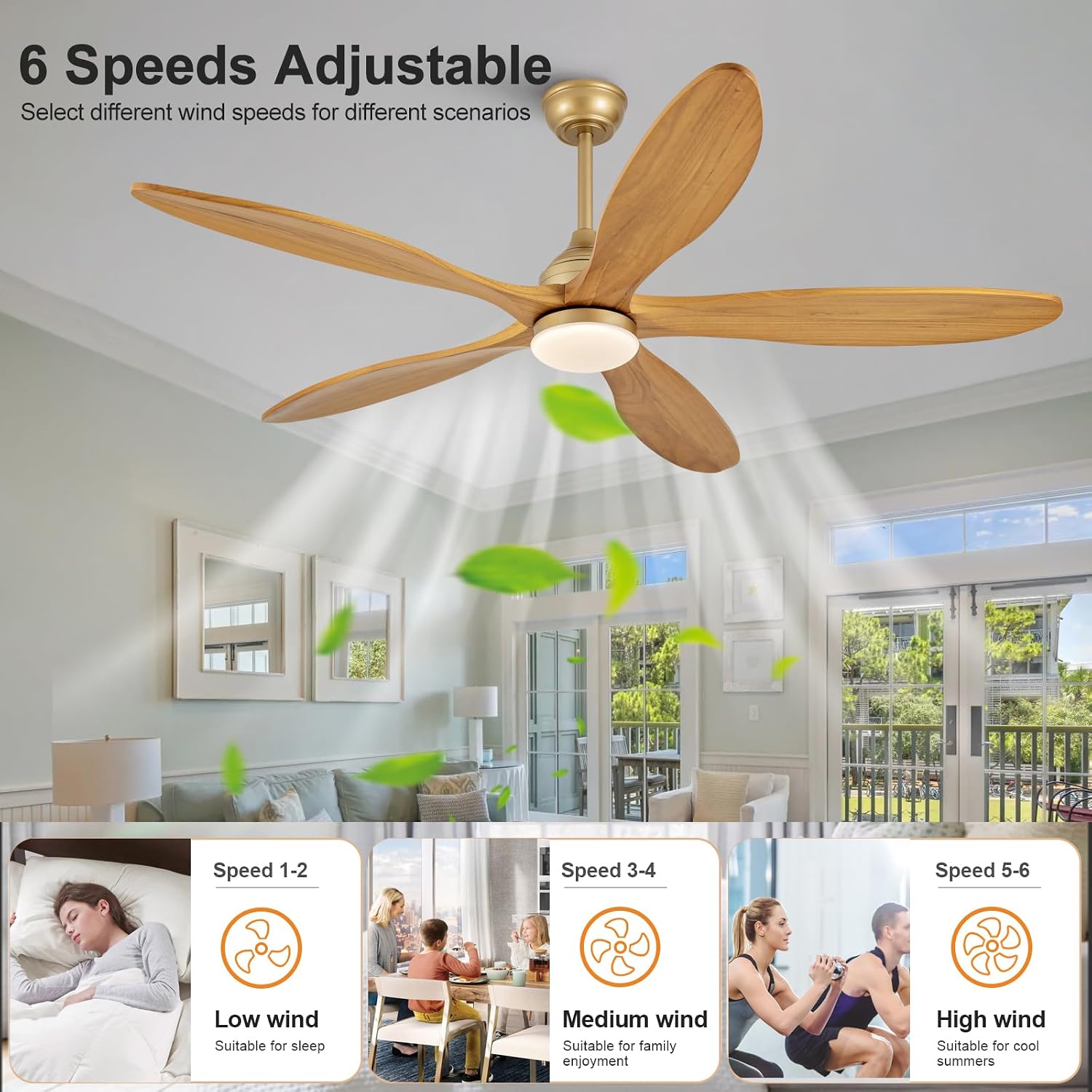 Dimmable 60 Inch Large Outdoor Ceiling Fan with Light and Remote, Wood Big Ceiling Fans with Lights and Remote Gold 5 Blade Outdoor Ceiling Fans for Patios Bedroom Living Room, 6 Speed DC Motor