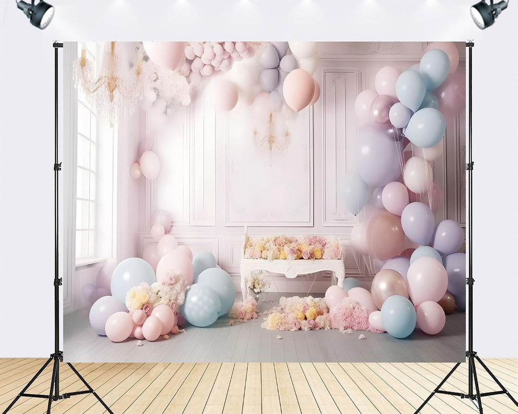 Trykid 20x10ft Pastel Balloon Arch Backdrop Soft Blue Pink Floral Whimsical Photography Background for Baby Shower Birthday Event Party Decoration Photo Booth Prop Fabric