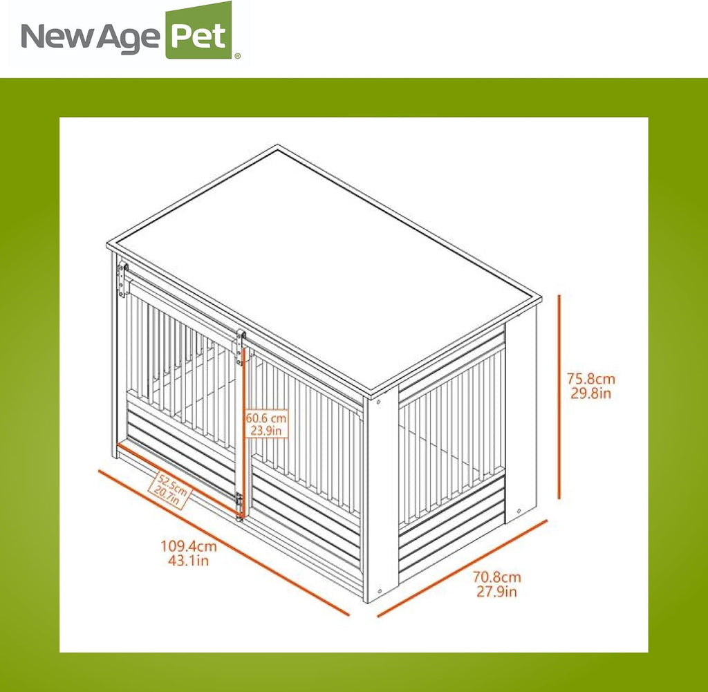 New Age Pet ECOFLEX® X-Large Barn Door Dog Crate & End Table, Indoor Furniture Style Kennel for Medium & Large Dogs, Durable Material in White and Grey