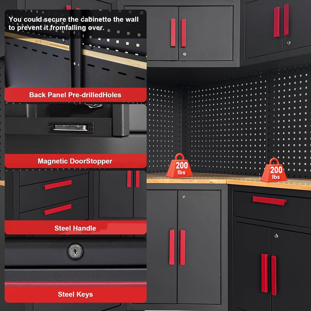 Garage Storage Cabinet System,2Pack Garage Cabinets and Storage System Included Steel Drawers Rolling Chest,Locked Storage Cabinet, Perfect for Organizing Garage and Tools, Red Handle
