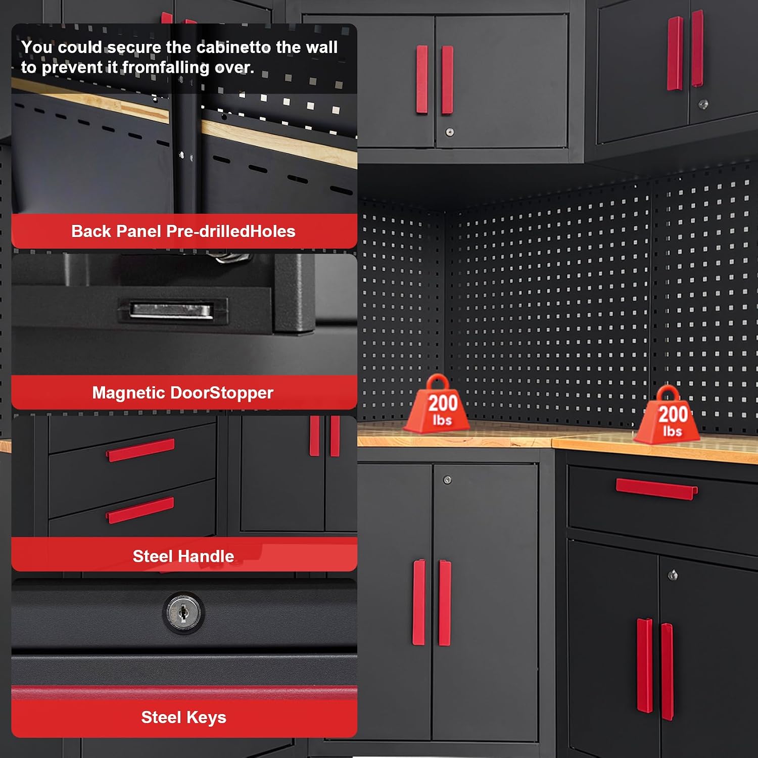 Garage Storage Cabinet System,2Pack Garage Cabinets and Storage System Included Steel Drawers Rolling Chest,Locked Storage Cabinet, Perfect for Organizing Garage and Tools, Red Handle