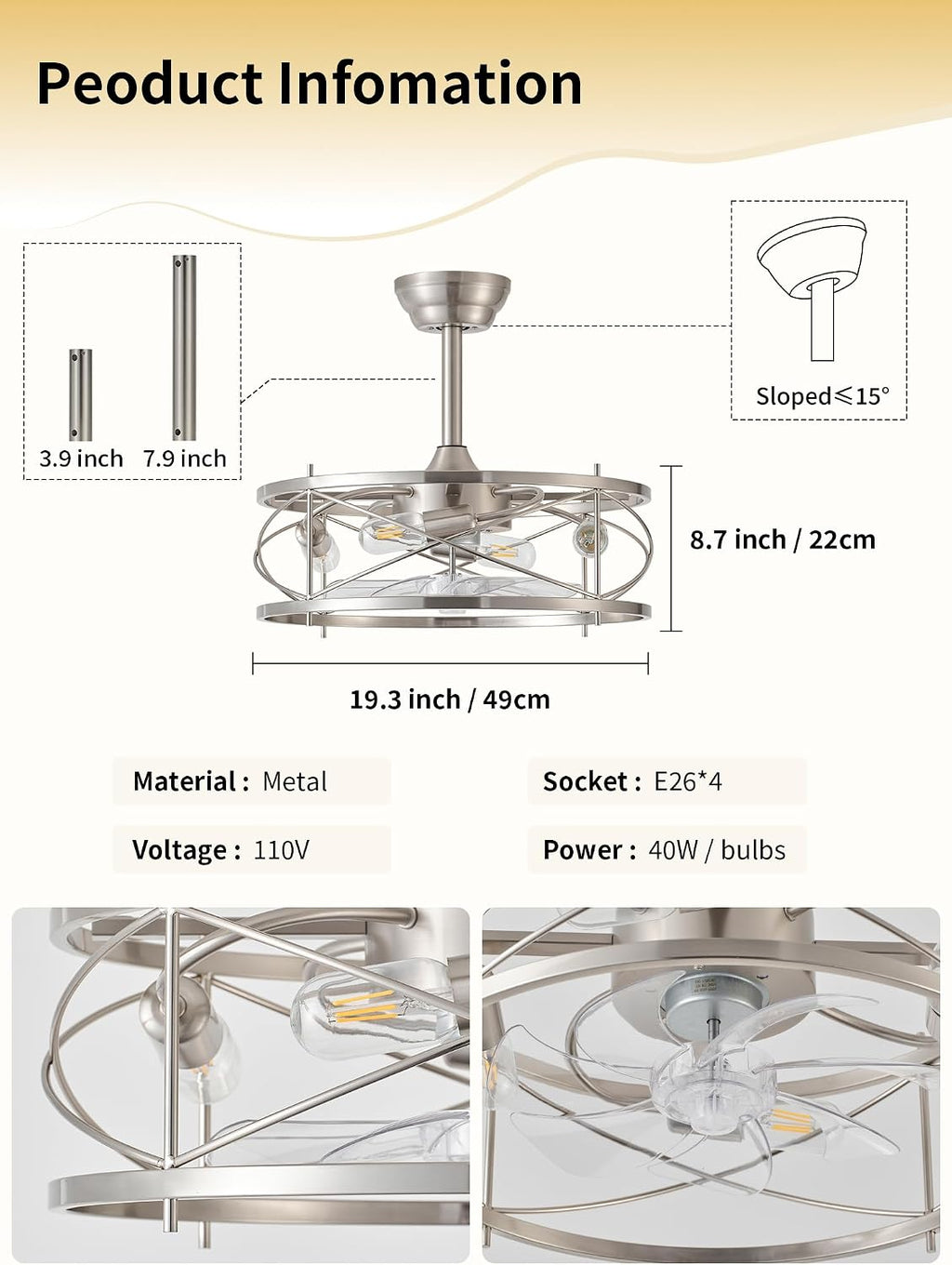 20' Farmhouse Fandelier Ceiling Fan with Light, Caged Bladeless Ceiling Fans with Lights and Remote, Rustic Small Enclosed with 6 Speeds for Bedroom, Kitchen, Living Room, Silver