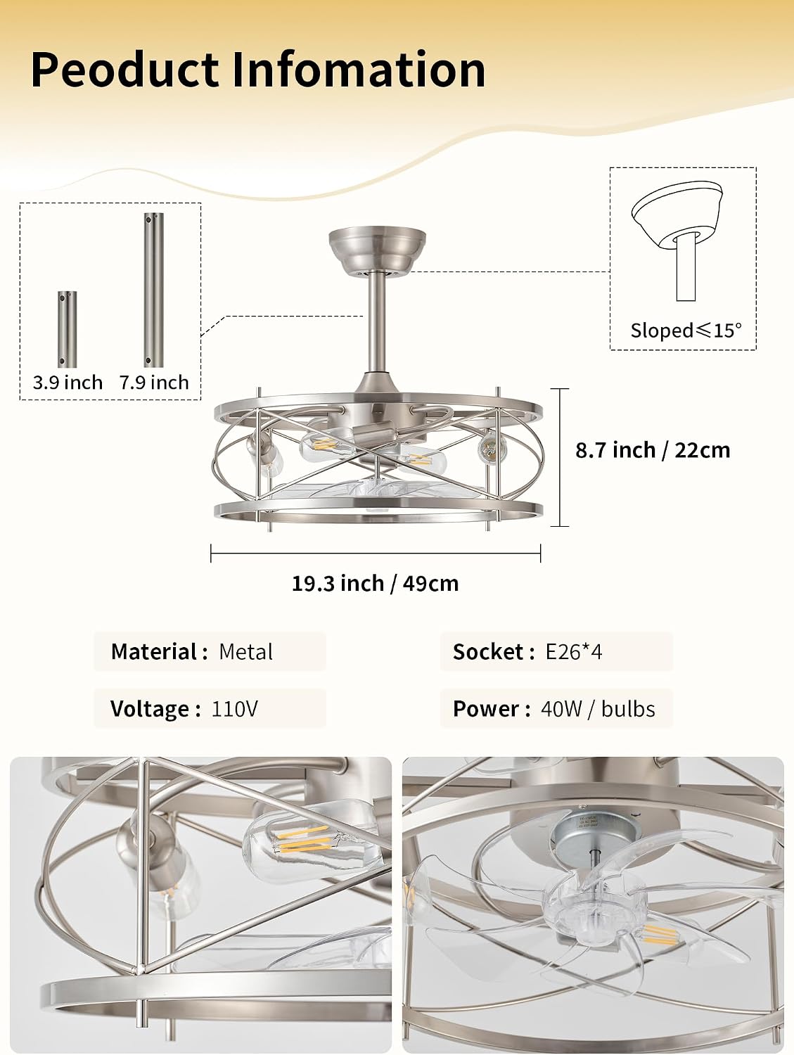 20' Farmhouse Fandelier Ceiling Fan with Light, Caged Bladeless Ceiling Fans with Lights and Remote, Rustic Small Enclosed with 6 Speeds for Bedroom, Kitchen, Living Room, Silver