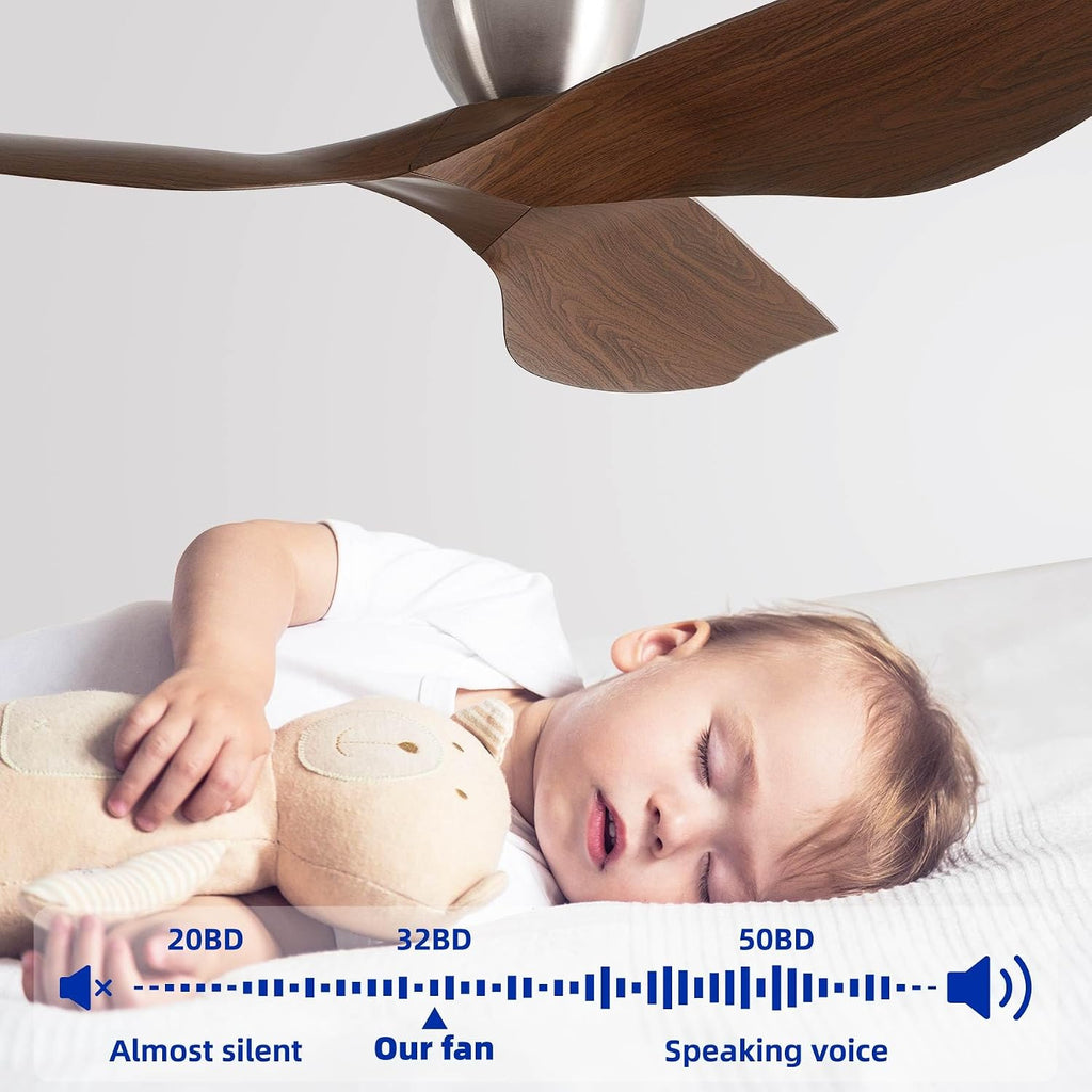 60' Walnut Color Flush Mount Ceiling Fan with Remote, No Light | Modern Low-Profile, Heat Resistant ABS Blades, 6-Speed Reversible Quiet DC Motor for Balcony, Living Room, Bedroom