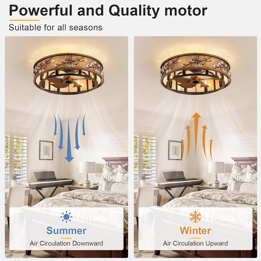 WWM Low Profile Farmhouse Ceiling Fan with Light,24' Rustic Flush Mount Ceiling Fans with Remote, Modern Caged Crystal Ceiling Fans with Lights,Ceiling Lights Fixture with Fan (8 E12 Bulb Includ)