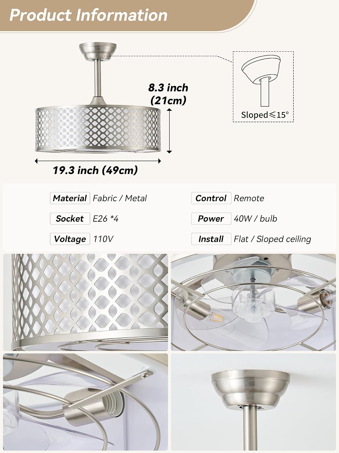 Silver Fandelier Ceiling Fan with Light, 20' Caged Boho Ceiling Fans with Lights and Remote, Mid Century with 6 Speeds for Bedroom, Living Room, Nursery