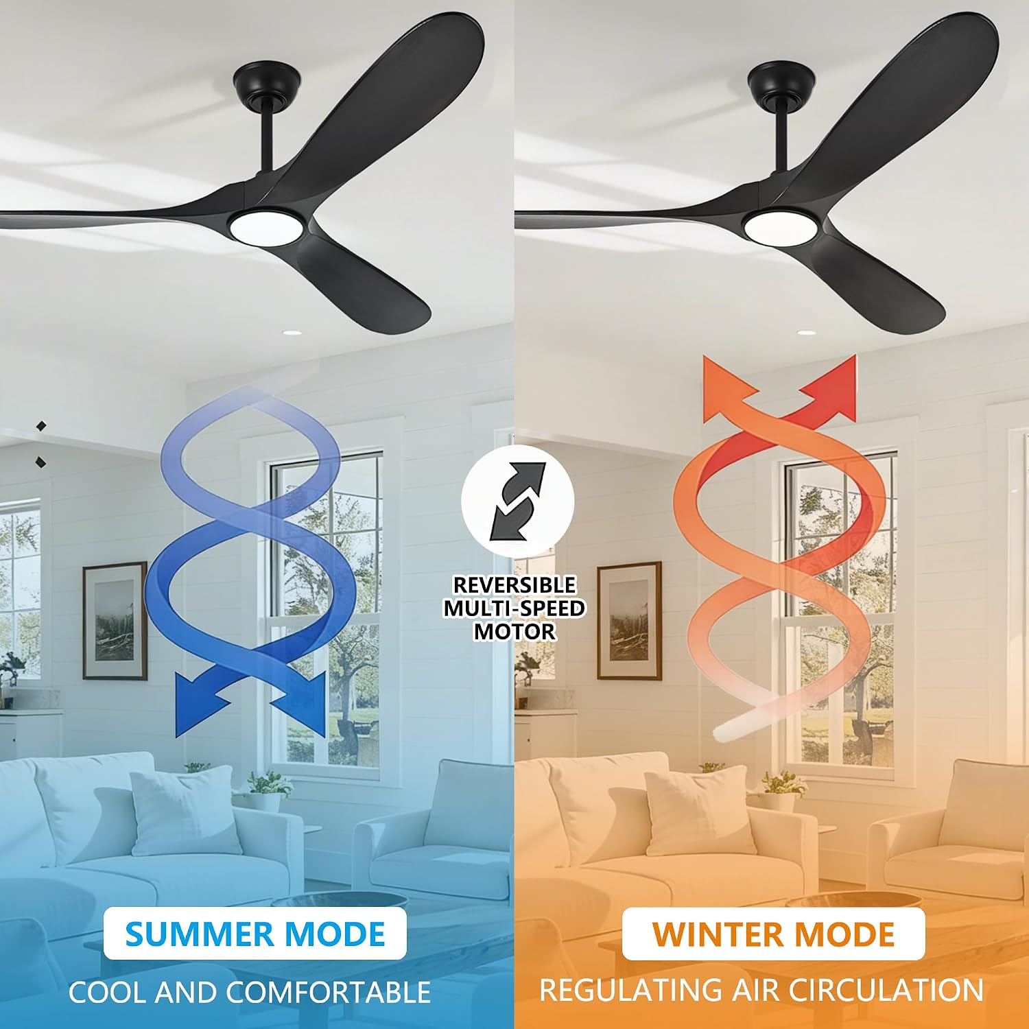 Ceiling Fan with Light and Remote, Modern Outdoor Ceiling Fans with Lights for Indoor Bedroom Living Room Patios Gazebo Wood 3 Blade Propeller High CFM Wet Rated Exterior Fan, Black 60 Inch