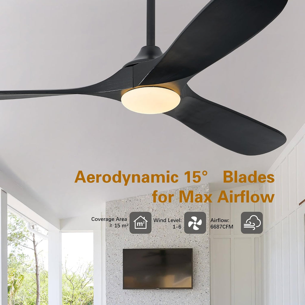 Wood Ceiling Fans with Lights and Remote, 60' Black Modern Ceiling Fan with 3 Wooden Blades, Timer and Memory Function, Outdoor Ceiling Fan with Light for Patios, Indoor, Living Room