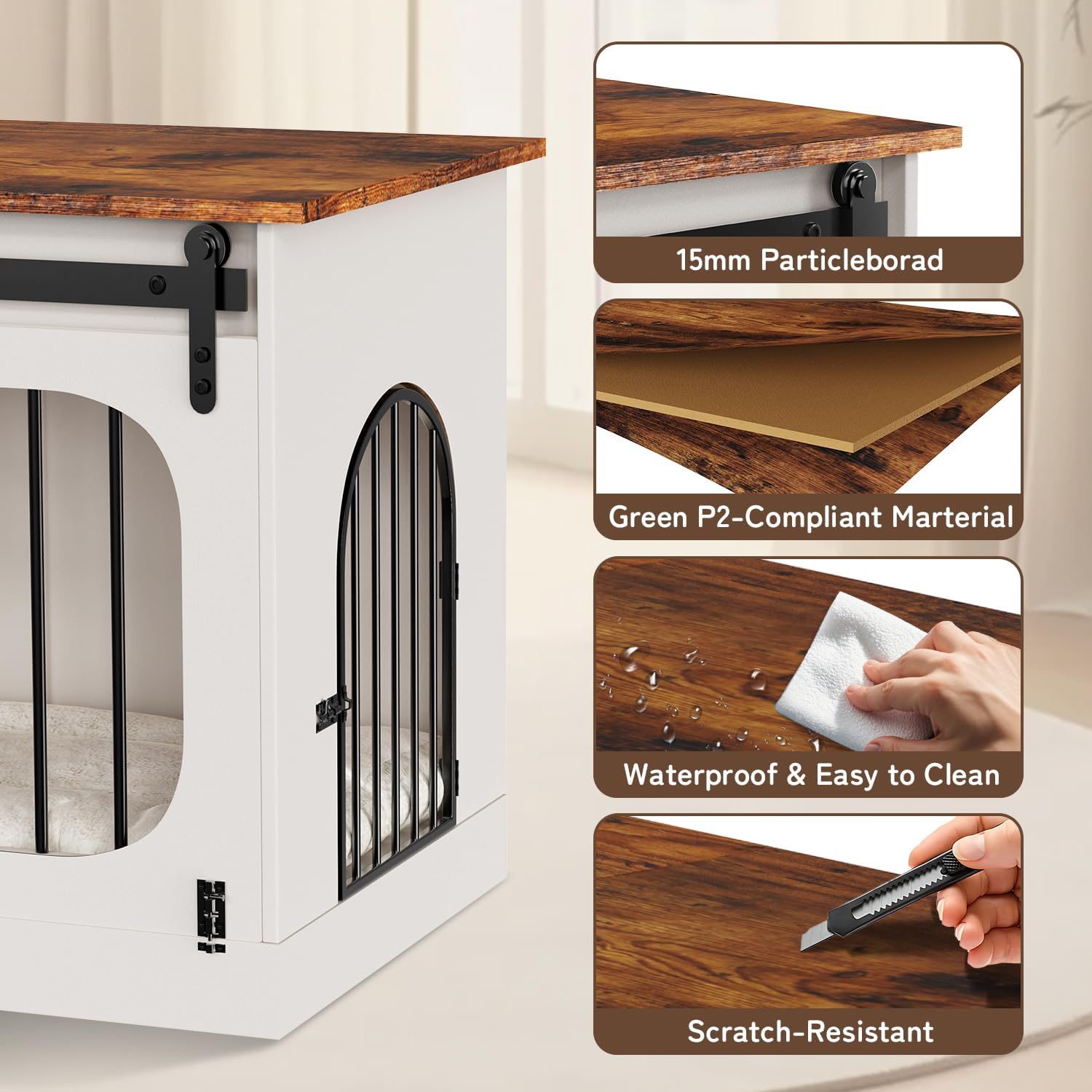 XXL Dog Crate Furniture, 47.2 Inches White Kennel Furniture with Cushion Decorative Farmhouse Crate Indoor Thick Wooden Pet House End Table Modern Cage Furniture for Medium/Large Dog
