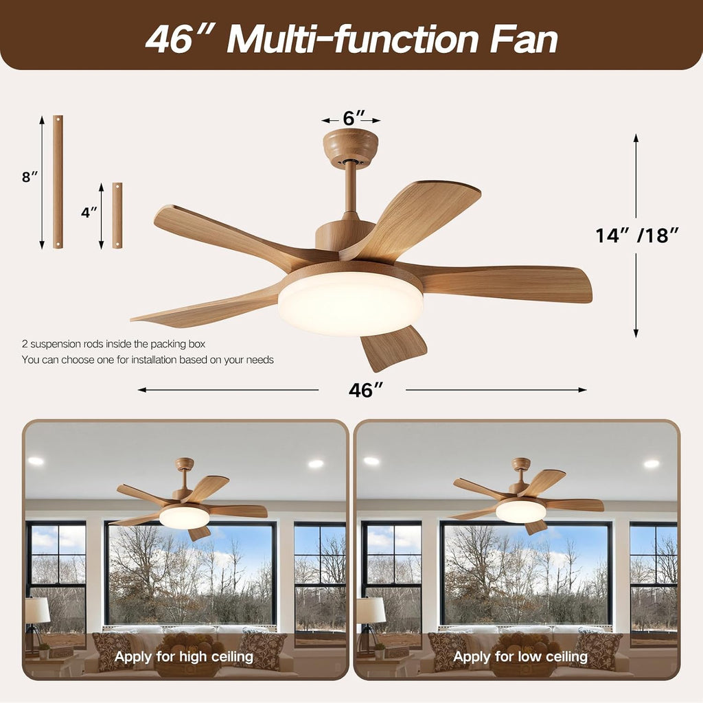46 Inch Wood Ceiling Fan with Remote, Solid Wood 5 Blade Ceiling Fan with Light, Burlywood Rustic Flush Mount for Patios, Living Room, Dining Room, Bedroom, Farmhouse
