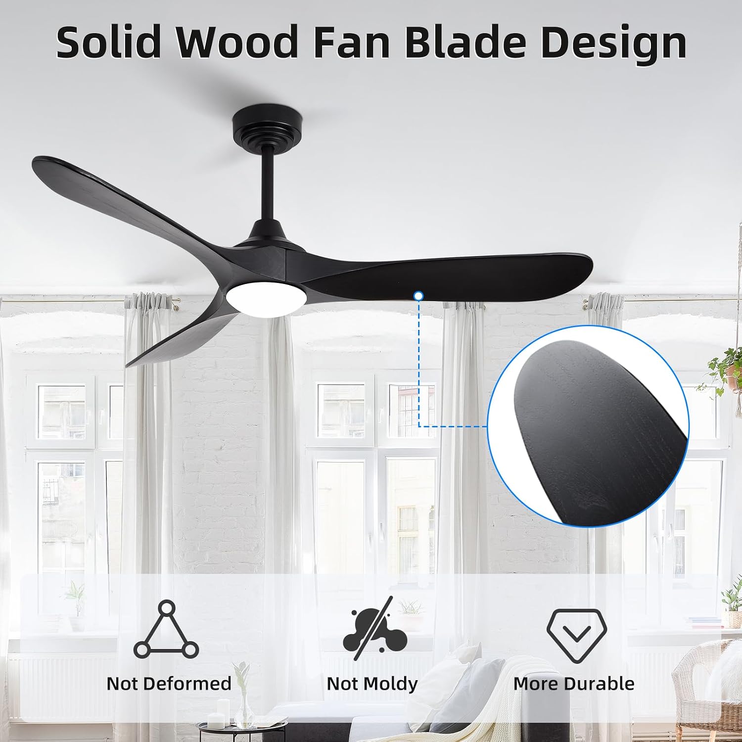 52' Outdoor Ceiling Fan with Light and Remote via WiFi Alexa, 3 Black Solid Wood Blade, Noiseless Reversible Dc Motor, Smart Outdoor Wood Ceiling Fan for Farmhouse Patios, Black